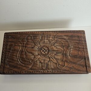 Vintage Lidded Carved wood Trinket box Wooden jewelry Card Storage box Flowers